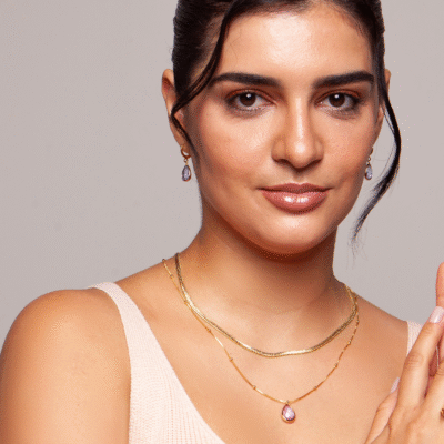 Conjunto colar e brinco gota ametista facetada